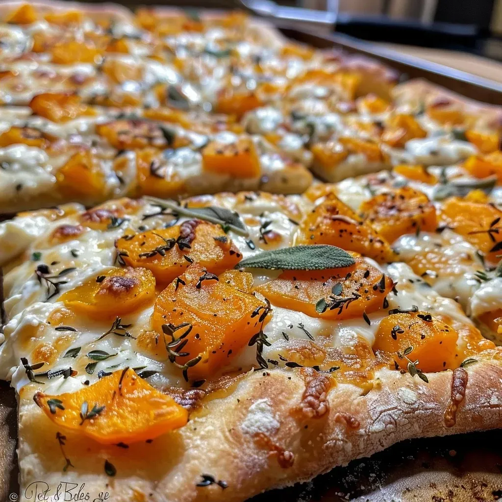 Close-up of a slice of roasted butternut squash pizza topped with caramelized onions, goat cheese, and spinach.