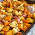 ['Close-up view of roasted carrots, parsnips, baby potatoes, butternut squash, shallots, and garlic, garnished with rosemary.', 'Colorful medley of fall vegetables, including carrots and squash, perfectly roasted and glistening with olive oil.', 'Side view of assorted roasted vegetables with a focus on their textures and vibrant colors, surrounded by fresh herbs.', 'Juicy roasted vegetables resting on a plate, showcasing the golden brown crusts of carrots, potatoes, and squash.']