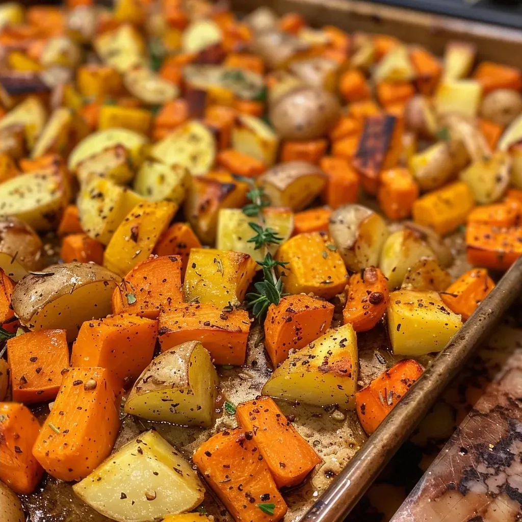 Close-up view of roasted carrots, parsnips, baby potatoes, butternut squash, shallots, and garlic, garnished with rosemary.