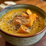 ['A close-up view of a creamy roasted pumpkin veggie soup in a bowl, garnished with herbs.', 'Side view of a vibrant orange pumpkin soup, with chunks of vegetables visible in the mixture.', 'A steaming bowl of roasted pumpkin veggie soup, showcasing its rich texture and color.', 'Close-up of a hearty pumpkin soup, with a drizzle of coconut milk and spices on top.']