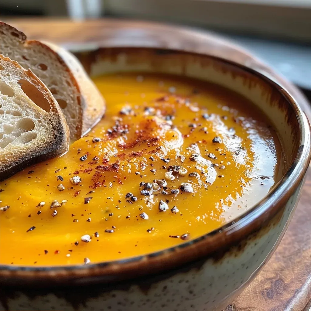 A close-up view of a creamy roasted pumpkin veggie soup in a bowl, garnished with herbs.