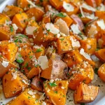 ['Close-up of roasted sweet potatoes, golden and crispy on the outside.', 'Side view of diced roasted sweet potatoes with a rich caramelized color.', 'Juicy roasted sweet potato cubes seasoned with spices, displayed on a plate.', 'Vibrant roasted sweet potatoes arranged artfully for a mouthwatering appearance.']