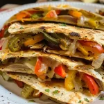 ['Close-up view of a roasted vegetable quesadilla, showcasing its melted cheese and colorful veggies.', 'Side profile of a crispy quesadilla filled with roasted cauliflower, peppers, and cheese.', 'Juicy roasted vegetable quesadilla with vibrant fillings, freshly cooked and cheese oozing.', 'Delicious golden-brown quesadilla featuring roasted vegetables and melted Pepper Jack cheese, served on a plate.']