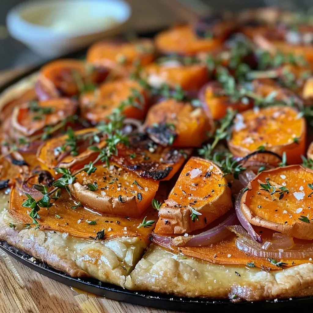 Close-up of a rustic sweet potato galette with caramelized onions and Gruyère cheese, showcasing its golden crust.