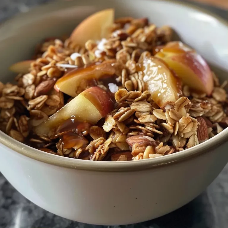 ['Close-up view of a bowl of salted caramel apple granola with visible apple chunks and caramel drizzle.', 'Side profile of salty sweet granola with oats, caramel, and sliced apple pieces.', 'Detailed image showcasing granola mixed with caramel and apple, highlighting its texture.', 'Bowl of homemade salted caramel apple granola featuring oats and a glossy caramel coating.']