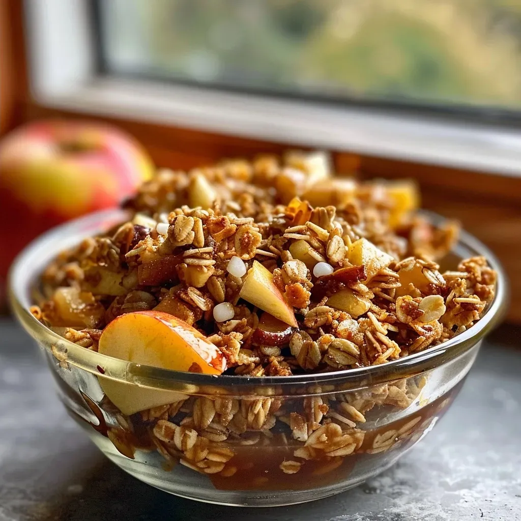 ['Close-up view of a bowl of salted caramel apple granola with visible apple chunks and caramel drizzle.', 'Side profile of salty sweet granola with oats, caramel, and sliced apple pieces.', 'Detailed image showcasing granola mixed with caramel and apple, highlighting its texture.', 'Bowl of homemade salted caramel apple granola featuring oats and a glossy caramel coating.']