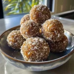 ['A close-up side view of Salted Caramel Bliss Balls arranged on a wooden surface.', 'A detailed image of juicy Salted Caramel Bliss Balls, showing their chewy texture and coconut coating.', 'Side view of bite-sized Salted Caramel Bliss Balls, highlighting their glossy appearance and sprinkle of sea salt.', 'Close-up of homemade Salted Caramel Bliss Balls, emphasizing the rich caramel color and coconut flakes.']