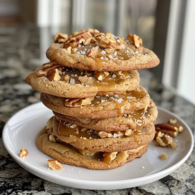['Close-up of a golden brown Salted Caramel Crunch Cookie showcasing a gooey center.', 'Side view of freshly baked Salted Caramel Crunch Cookies with toffee bits and pecans visible.', 'Delicious Salted Caramel Crunch Cookies stacked and drizzled with caramel sauce.', 'A plate of Salted Caramel Crunch Cookies sprinkled with flaky sea salt.']
