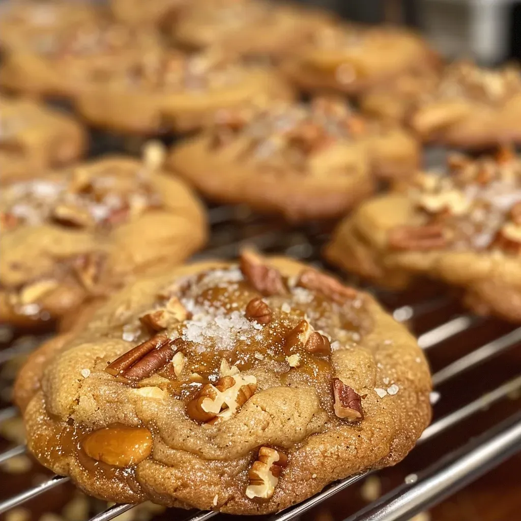['Close-up of a golden brown Salted Caramel Crunch Cookie showcasing a gooey center.', 'Side view of freshly baked Salted Caramel Crunch Cookies with toffee bits and pecans visible.', 'Delicious Salted Caramel Crunch Cookies stacked and drizzled with caramel sauce.', 'A plate of Salted Caramel Crunch Cookies sprinkled with flaky sea salt.']