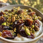 ['Close-up view of a layered yogurt parfait with salted dates and pistachios.', 'Side view of a delicious yogurt parfait featuring chopped pistachios and Medjool dates.', 'Appetizing yogurt parfait with layers of Greek yogurt, pistachios, and caramelized dates.', 'Creamy yogurt parfait topped with flaky sea salt, dates, and nuts.']