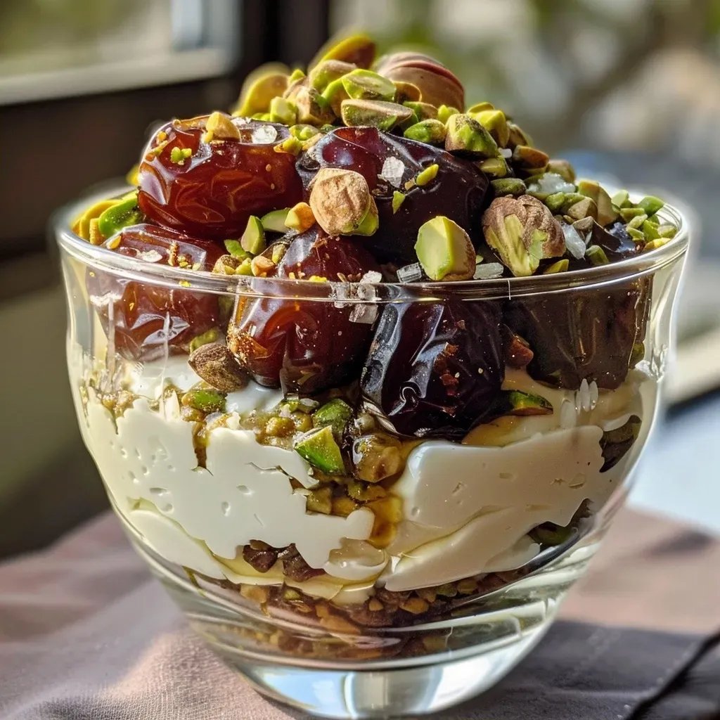 ['Close-up view of a layered yogurt parfait with salted dates and pistachios.', 'Side view of a delicious yogurt parfait featuring chopped pistachios and Medjool dates.', 'Appetizing yogurt parfait with layers of Greek yogurt, pistachios, and caramelized dates.', 'Creamy yogurt parfait topped with flaky sea salt, dates, and nuts.']