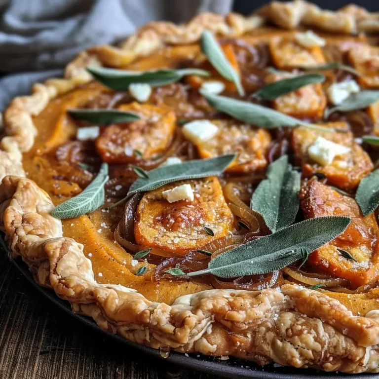 ['Close-up side view of a savory pumpkin galette topped with goat cheese and fresh sage.', 'Delicious pumpkin galette featuring a flaky crust and a filling of pumpkin puree and goat cheese.', 'Side view of a golden-brown pumpkin galette, showcasing its layers of caramelized onions and sage.', 'Savory galette filled with pumpkin and goat cheese, garnished with whole sage leaves.']