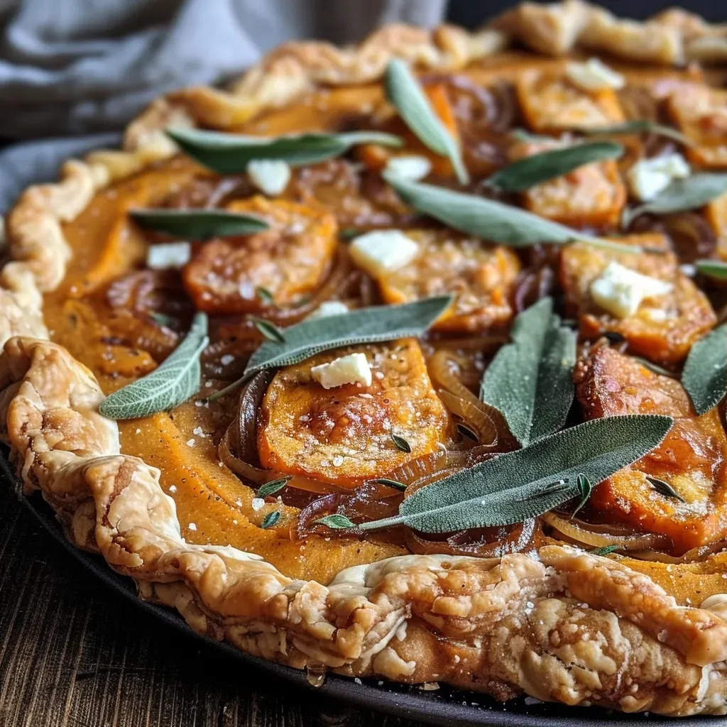 Close-up side view of a savory pumpkin galette topped with goat cheese and fresh sage.