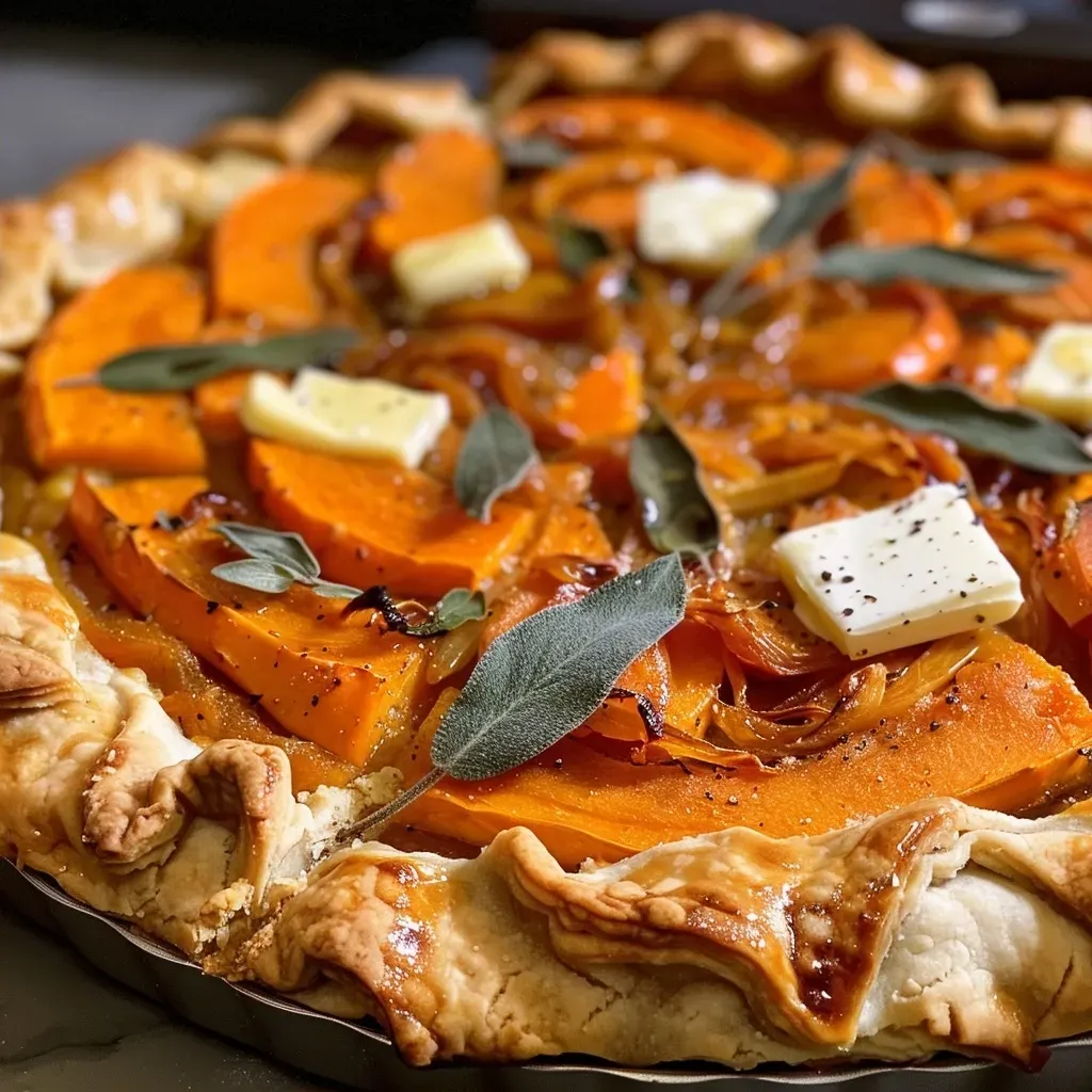 Close-up side view of a savory pumpkin galette topped with goat cheese and fresh sage.