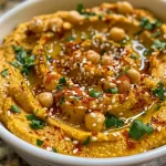 ['Close-up view of a bowl of savory pumpkin hummus, garnished with parsley and sesame seeds.', 'Side perspective of creamy pumpkin hummus in a bowl, with a drizzle of olive oil on top.', 'Vibrant pumpkin hummus displayed with spices and herbs, showcased in a detailed close-up shot.', 'Appetizing pumpkin hummus in a bowl, garnished with paprika and olive oil, seen from the side.']