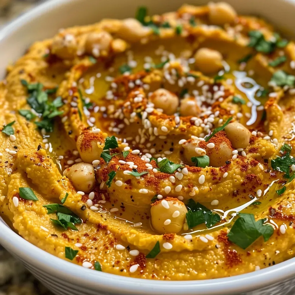 Close-up view of a bowl of savory pumpkin hummus, garnished with parsley and sesame seeds.