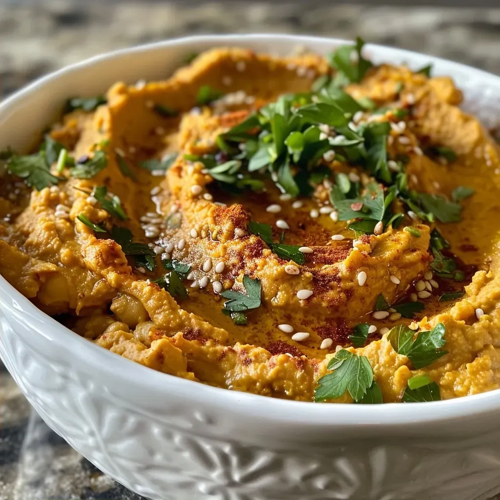 Close-up view of a bowl of savory pumpkin hummus, garnished with parsley and sesame seeds.