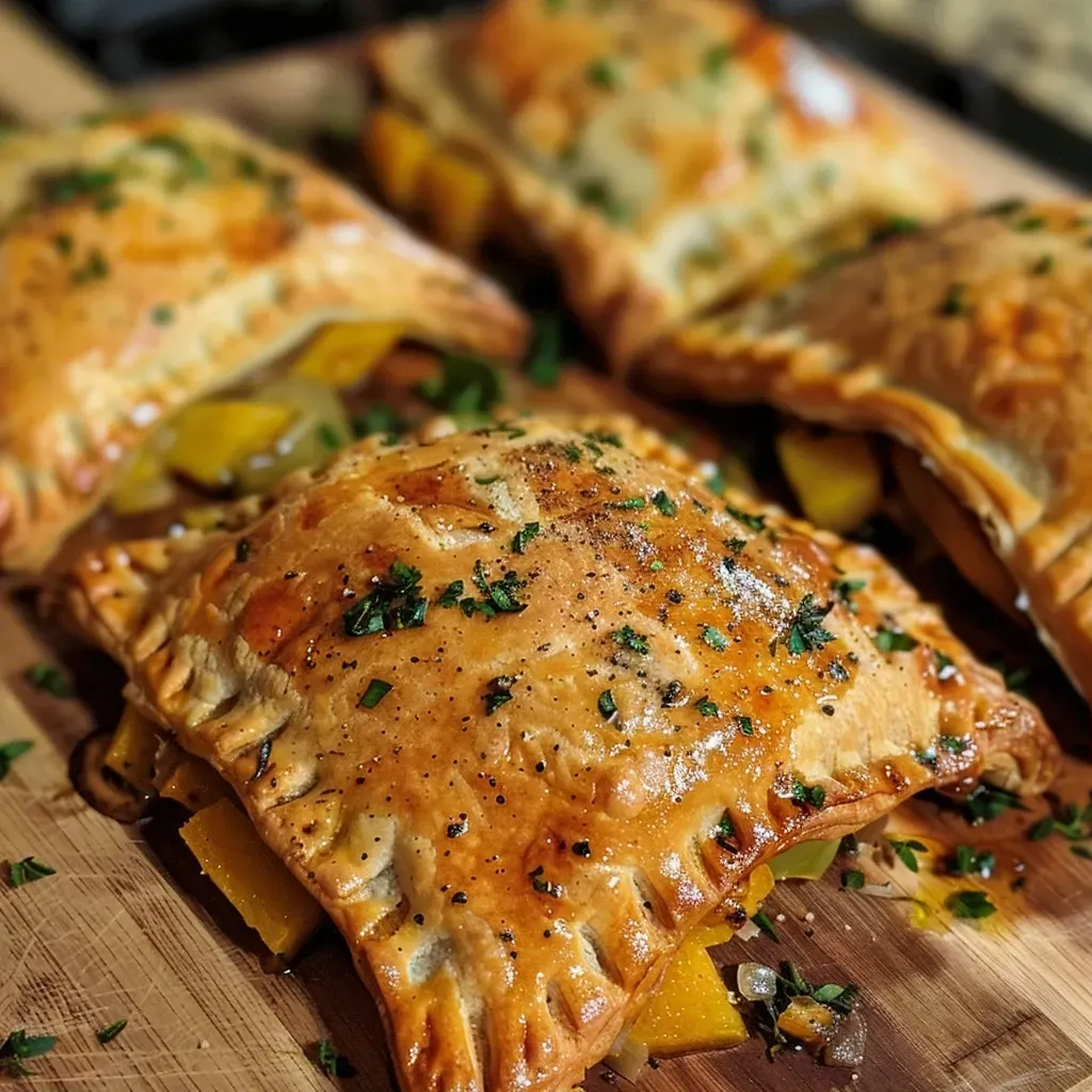 Close-up view of juicy vegetarian hand pies, showcasing golden flaky crust and visible vegetable filling.