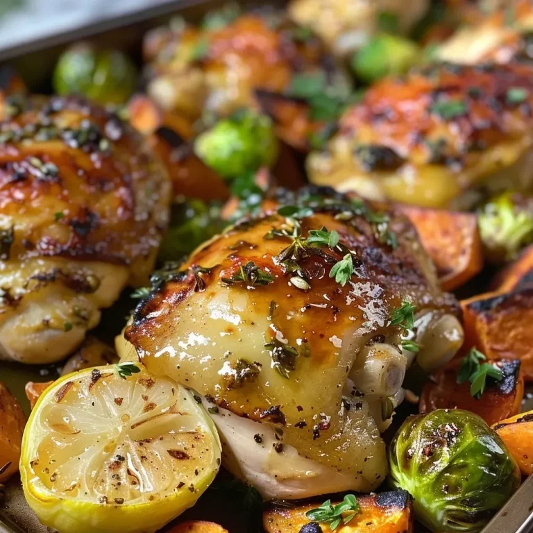 ['Juicy honey Dijon chicken alongside colorful veggies on a sheet pan.', 'Close-up view of sheet pan meal featuring chicken breasts and roasted vegetables.', 'Side angle of honey Dijon chicken with Brussels sprouts and sweet potatoes on a baking tray.', 'Plate of honey Dijon chicken and mixed veggies arranged beautifully on a sheet pan.']