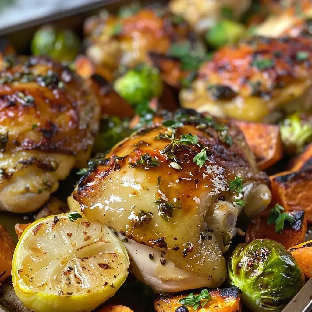 Juicy honey Dijon chicken alongside colorful veggies on a sheet pan.