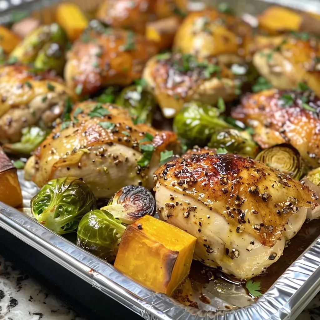 Juicy honey Dijon chicken alongside colorful veggies on a sheet pan.
