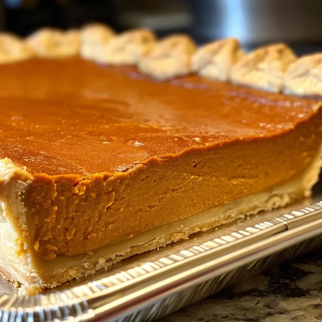 ['Close-up side view of a gleaming sheet pan pumpkin pie with a golden crust.', 'Juicy pumpkin pie in a sheet pan, showing its rich filling and flaky edges.', 'A detailed side view of a freshly baked sheet pan pumpkin pie on a countertop.', 'Close-up image of a pumpkin pie cut into portions, revealing the smooth filling.']