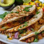 ['Juicy sheet-pan quesadillas filled with melted cheese, chorizo, and vegetables, presented on a baking tray.', 'A close-up view of crispy sheet-pan quesadillas with golden edges and vibrant toppings, ready to serve.', 'Delicious sheet-pan quesadillas featuring cheese, chorizo, and green chillies, arranged neatly on a plate.', 'A side view of freshly baked sheet-pan quesadillas with diced avocados and a sprinkle of coriander on top.']