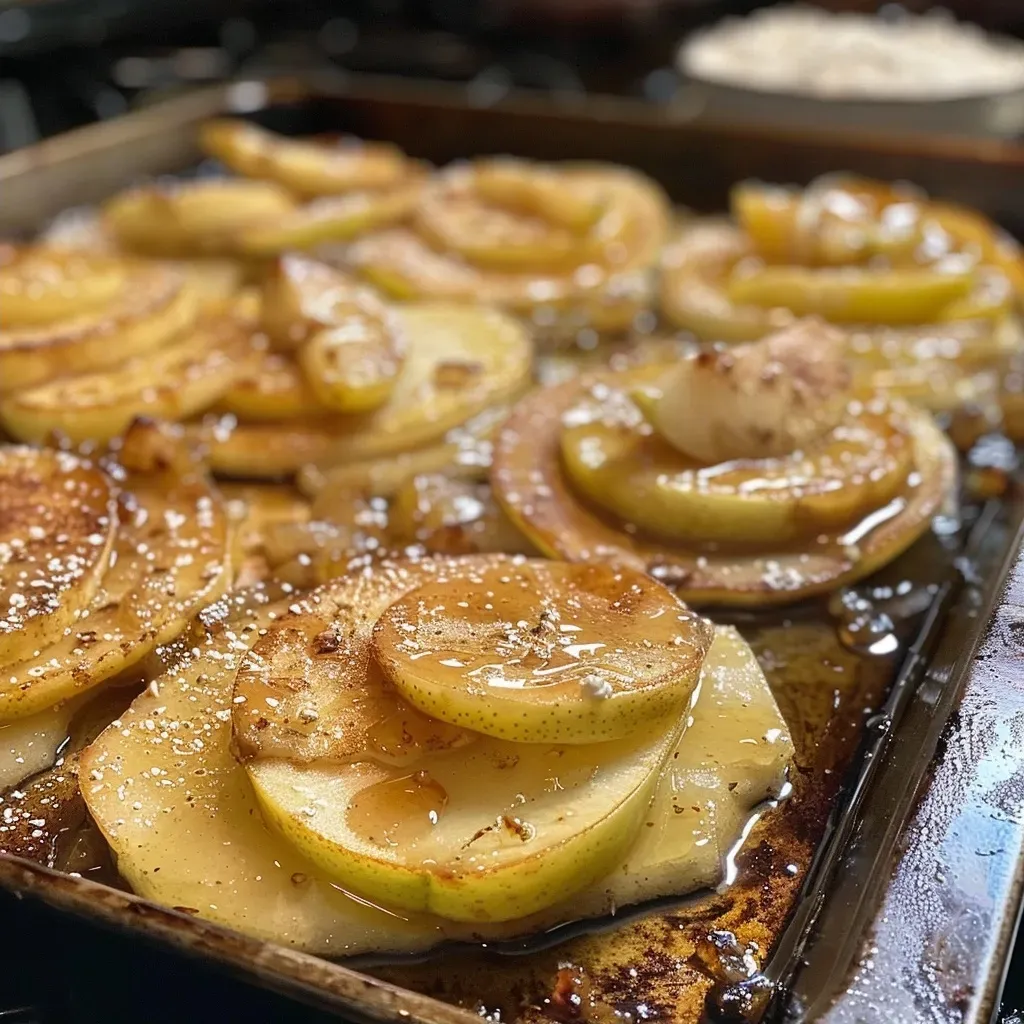 Close-up view of Sheet Pan Ricotta Pancakes topped with sliced pears.