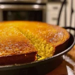 ['Close-up view of golden Skillet Maple Bourbon Cornbread with a crispy top and soft interior.', 'Side angle of freshly baked cornbread in a skillet, drizzled with maple syrup, showing texture.', 'Juicy Skillet Maple Bourbon Cornbread displayed in a cast iron skillet, with a warm, inviting look.', 'Deliciously moist cornbread slice revealing buttery and maple flavors, captured with an iPhone 15 Pro.']