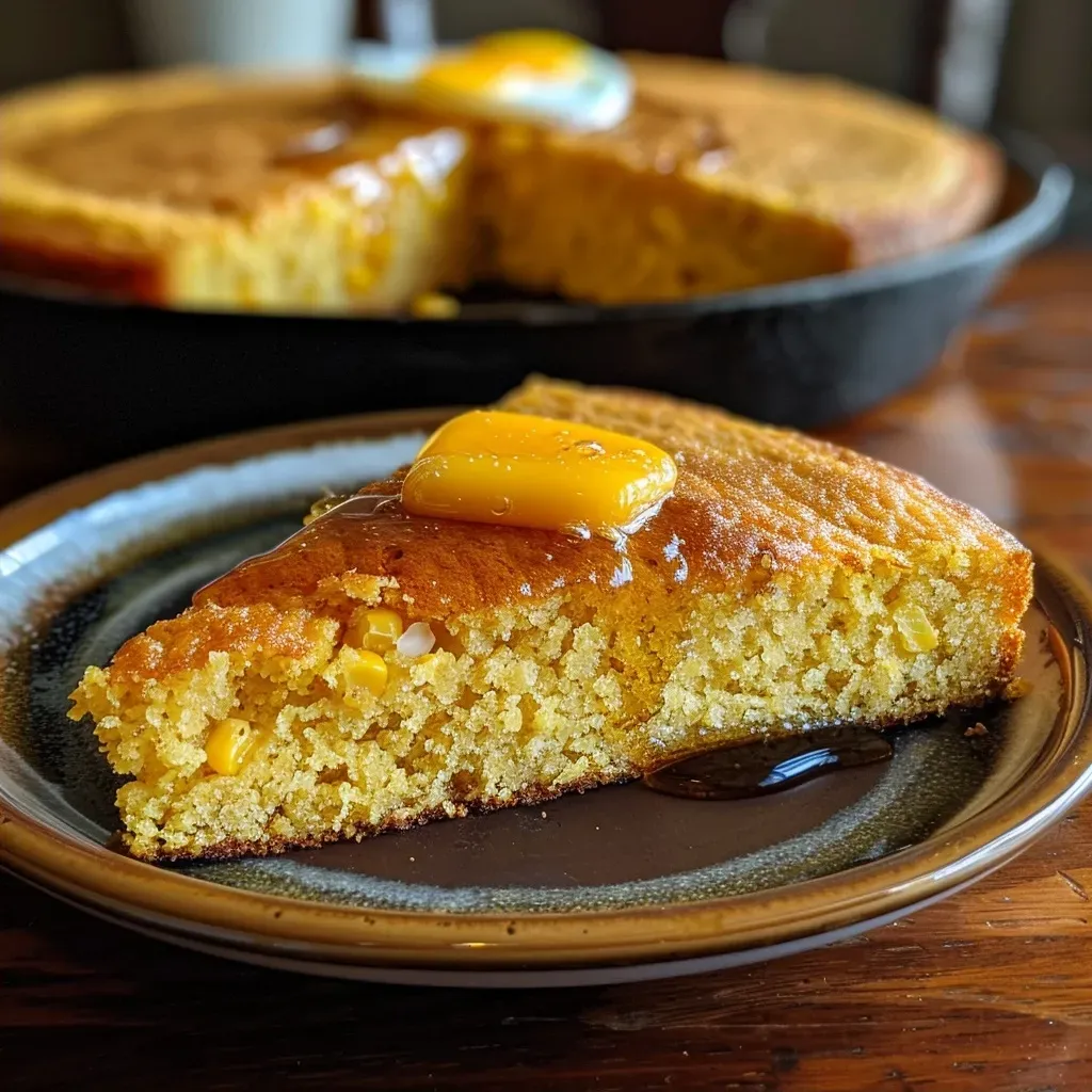 Close-up view of golden Skillet Maple Bourbon Cornbread with a crispy top and soft interior.