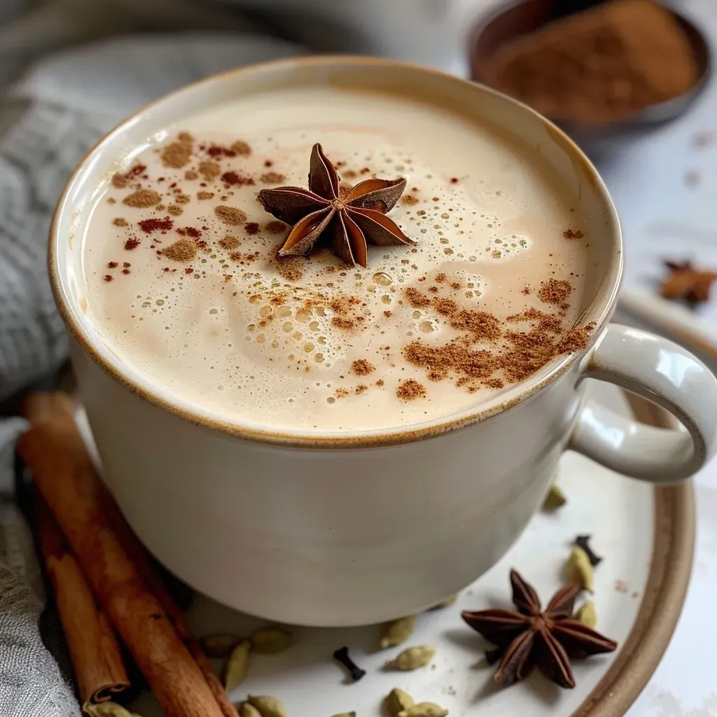 ['A close-up side view of a creamy Slow Cooker Chai Latte in a glass mug.', 'A rich and aromatic Slow Cooker Chai Latte showcased with spices around it.', 'A steaming cup of Slow Cooker Chai Latte with a sprinkle of cinnamon on top.', 'A beautifully presented Slow Cooker Chai Latte highlighting its creamy texture.']