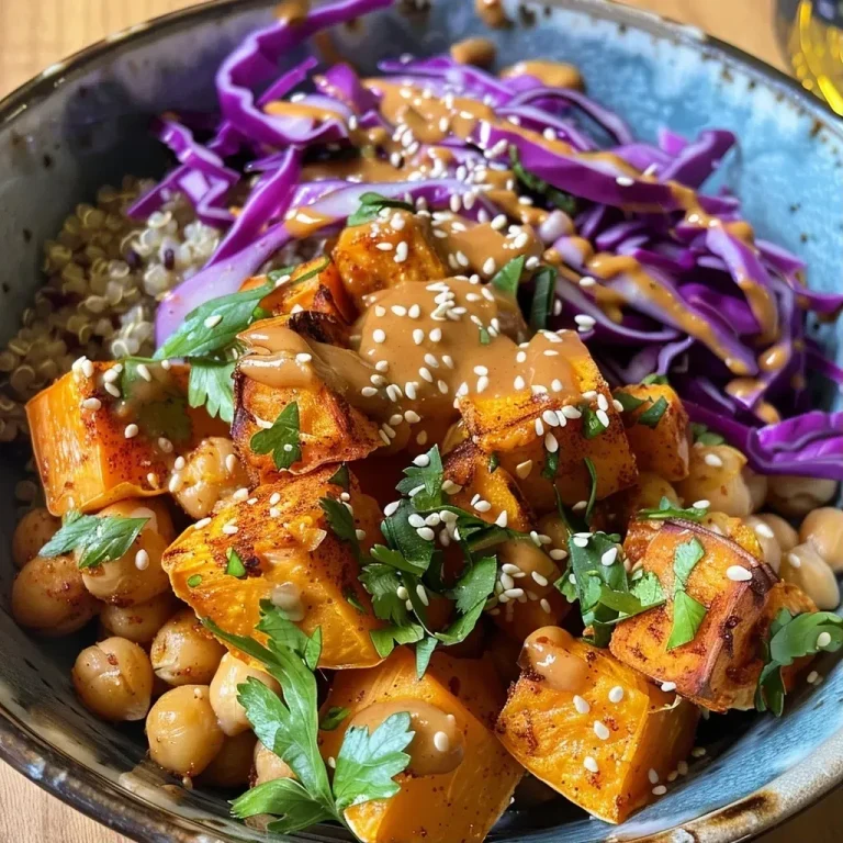 ['A vibrant grain bowl featuring chickpeas and sweet potatoes.', 'Close-up view of a Smoky Tahini Chickpea & Sweet Potato bowl with colorful ingredients.', 'Side view of a grain bowl filled with quinoa, red cabbage, and tahini dressing.', 'Delicious grain bowl showcasing sweet potatoes, chickpeas, and fresh parsley.']