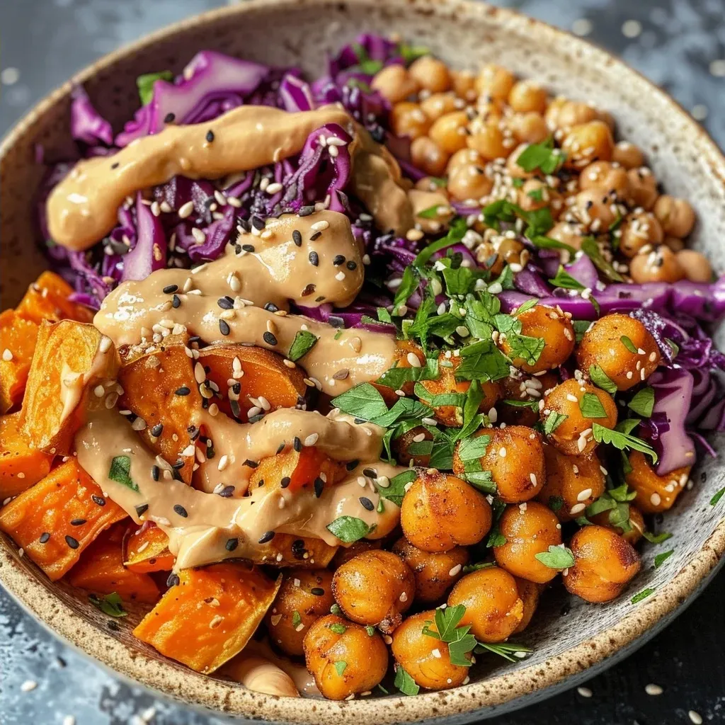 A vibrant grain bowl featuring chickpeas and sweet potatoes.