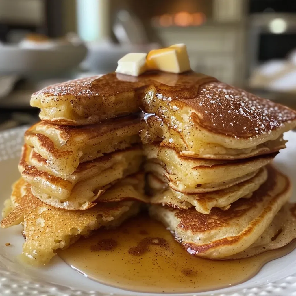 Close-up view of golden-brown Snickerdoodle Pancakes stacked on a plate.