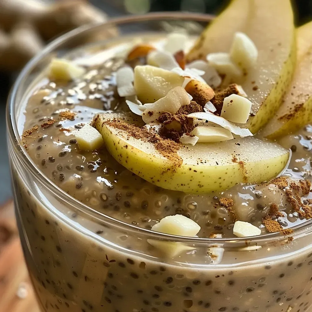 Close-up side view of a creamy Spiced Pear Chia Pudding topped with slices of pear.