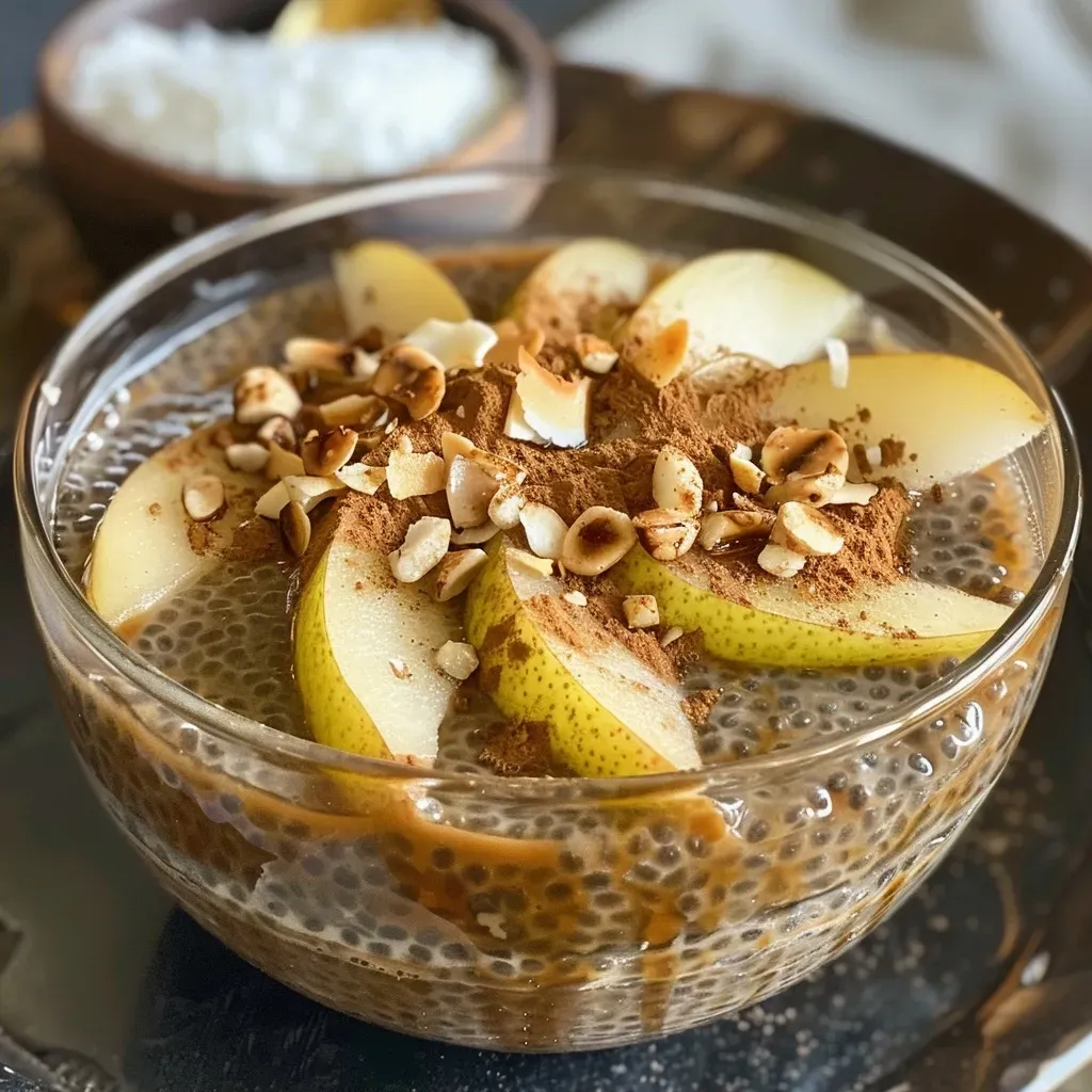 Close-up side view of a creamy Spiced Pear Chia Pudding topped with slices of pear.