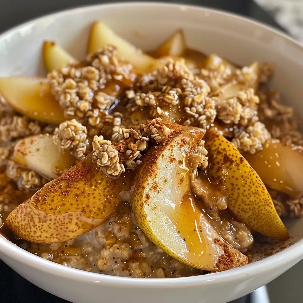 Close-up of a bowl filled with spiced pear oatmeal topped with chopped pears and nuts.