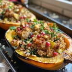 ['A close-up view of acorn squash stuffed with kale and sausage, garnished with pomegranate seeds.', 'Side view of a vibrant stuffed squash featuring a mixture of grains and vegetables topped with cheese.', 'Juicy stuffed honeynut squash filled with ground meat, kale, and cheese, showcasing colorful ingredients.', 'A deliciously prepared delicata squash filled with a hearty mixture of sausage, grains, and greens.']