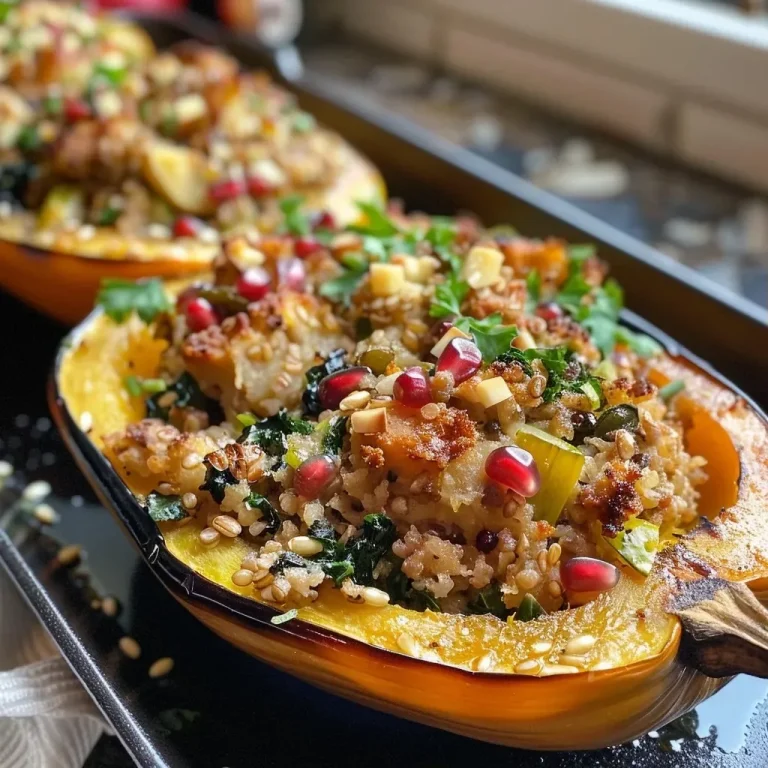['A close-up view of acorn squash stuffed with kale and sausage, garnished with pomegranate seeds.', 'Side view of a vibrant stuffed squash featuring a mixture of grains and vegetables topped with cheese.', 'Juicy stuffed honeynut squash filled with ground meat, kale, and cheese, showcasing colorful ingredients.', 'A deliciously prepared delicata squash filled with a hearty mixture of sausage, grains, and greens.']