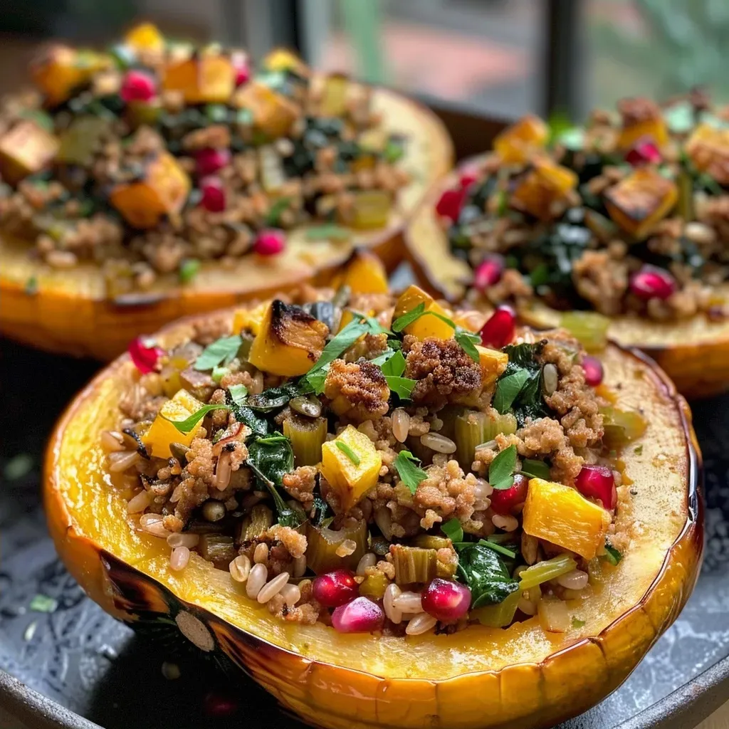 A close-up view of acorn squash stuffed with kale and sausage, garnished with pomegranate seeds.