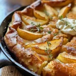['Close-up view of a Dutch Baby pancake topped with sliced pears and dollops of labneh.', 'Side view of a golden-brown Dutch Baby with bosc pears and a sprinkle of thyme.', 'Delicious Sunday Dutch Baby served with fresh pears and creamy labneh on a rustic plate.', "Close-up of a fluffy Dutch Baby pancake garnished with pears and a light dusting of confectioners' sugar."]