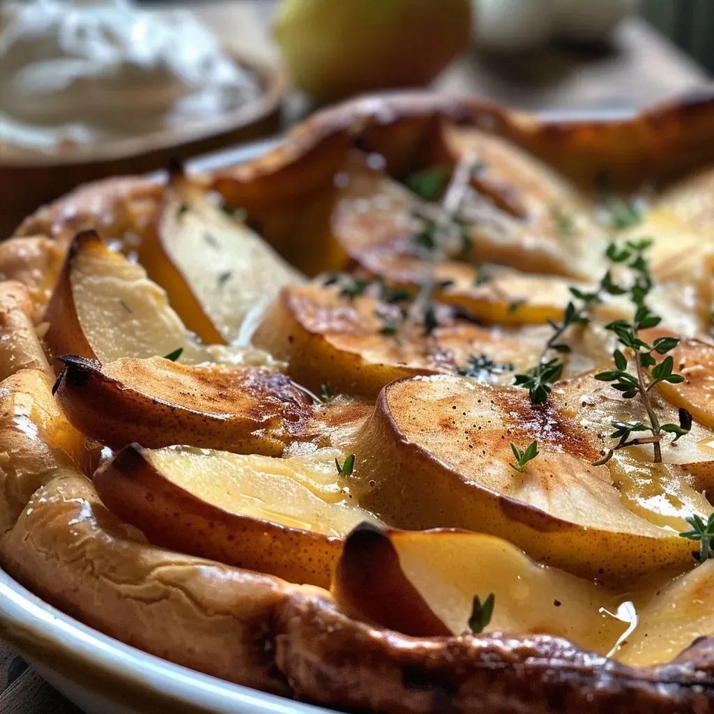 Close-up view of a Dutch Baby pancake topped with sliced pears and dollops of labneh.