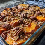 ['A close-up view of a golden-brown Sweet Potato Casserole topped with crunchy pecans.', 'Side view of a delicious Sweet Potato Casserole with a light brown crust and pecan topping.', 'Juicy Sweet Potato Casserole in a baking dish, showcasing a rich texture and nutty top layer.', 'Close-up image of Sweet Potato Casserole, highlighting the mixture of sweet potatoes and pecans.']