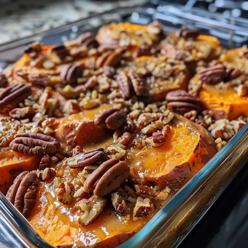 A close-up view of a golden-brown Sweet Potato Casserole topped with crunchy pecans.