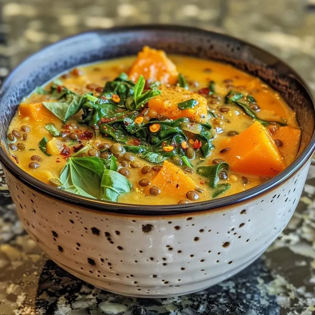A close-up view of creamy Sweet Potato Curry Soup garnished with fresh herbs.
