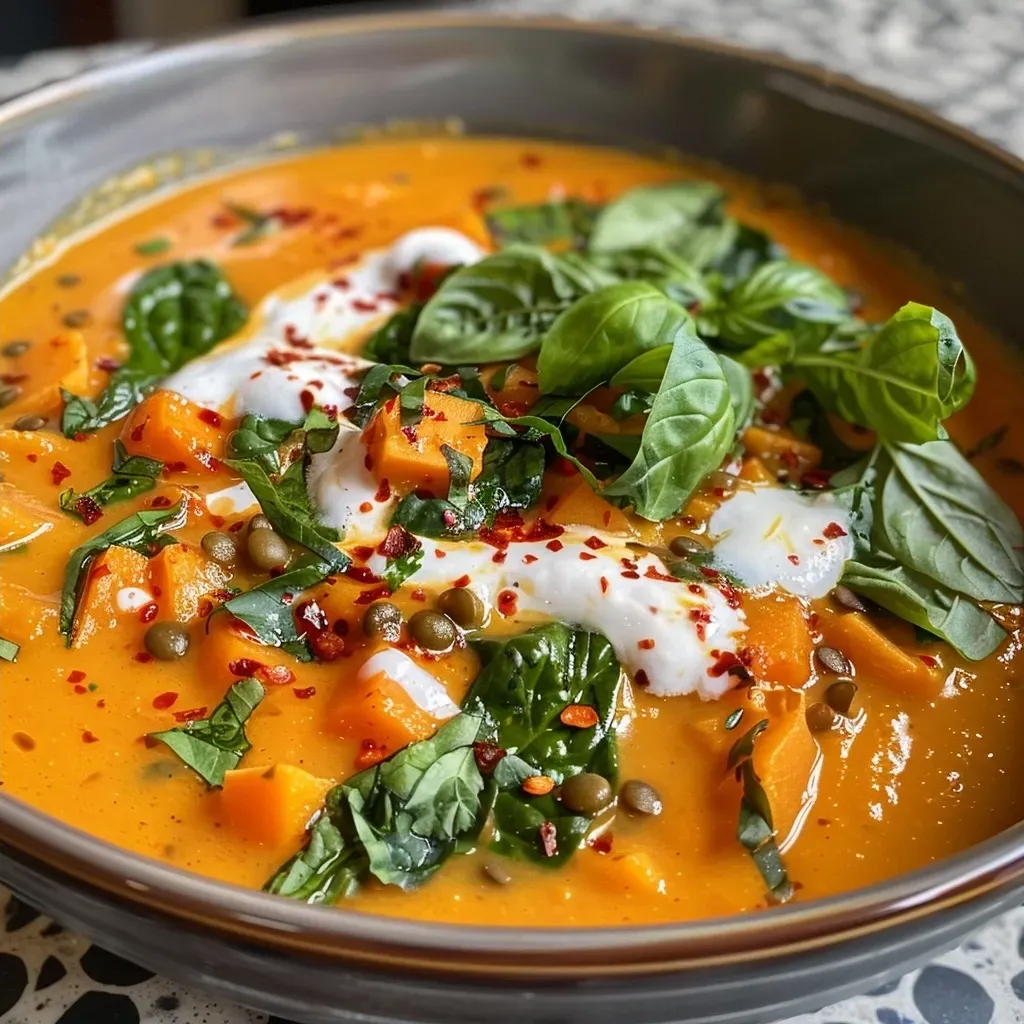 A close-up view of creamy Sweet Potato Curry Soup garnished with fresh herbs.