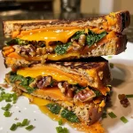 ['Close-up side view of a grilled cheese sandwich with sweet potato, walnuts, and melted vegan cheese.', 'Juicy Sweet Potato Grilled Cheese sandwich showcasing layers of sweet potato and cheese.', 'Side perspective of a grilled cheese filled with sweet potato, spinach, and garnished with fresh chives.', 'Appetizing close-up of a Sweet Potato Grilled Cheese highlighting its gooey texture and colorful ingredients.']