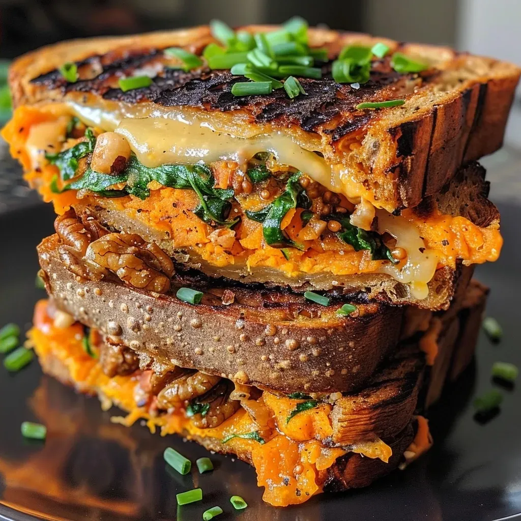 ['Close-up of a grilled cheese sandwich with visible sweet potato slices and melted cheese.', 'Side view of a delicious grilled cheese sandwich featuring sweet potato and kale on sourdough bread.', 'Juicy Sweet Potato Grilled Cheese sandwich with golden-brown crust and oozing Gruyère cheese.', 'Sliced grilled cheese sandwich showcasing layers of sweet potato and shredded cheese.']