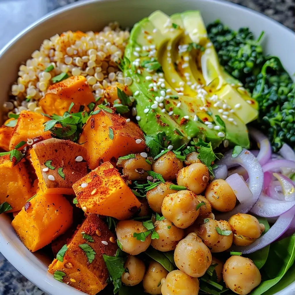 ['A vibrant close-up of a Sweet Potato Quinoa Bowl with colorful ingredients, viewed from the side.', 'A side view of a delicious Sweet Potato Quinoa Bowl showcasing sweet potatoes, quinoa, and fresh greens.', 'A close-up image highlighting a Sweet Potato Quinoa Bowl, featuring chickpeas, spinach, and almond sauce.', 'A detailed view of a Sweet Potato Quinoa Bowl filled with grains, vegetables, and a drizzle of almond sauce.']