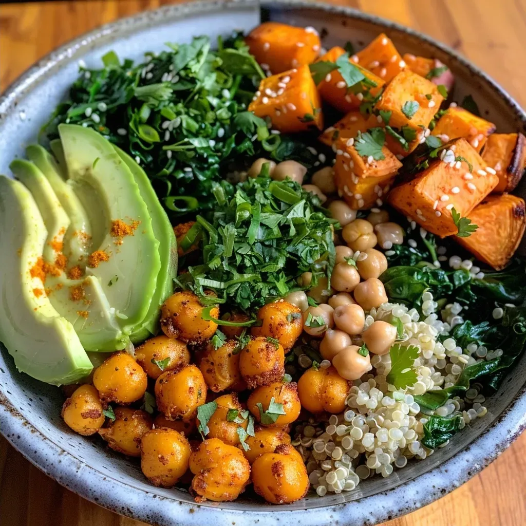 ['A vibrant close-up of a Sweet Potato Quinoa Bowl with colorful ingredients, viewed from the side.', 'A side view of a delicious Sweet Potato Quinoa Bowl showcasing sweet potatoes, quinoa, and fresh greens.', 'A close-up image highlighting a Sweet Potato Quinoa Bowl, featuring chickpeas, spinach, and almond sauce.', 'A detailed view of a Sweet Potato Quinoa Bowl filled with grains, vegetables, and a drizzle of almond sauce.']